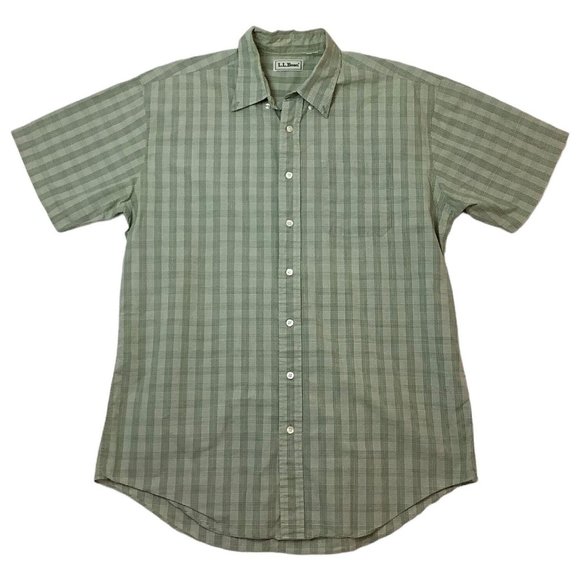 L L Bean Mens Size L Button Down Short Sleeve Pocket Shirt Green - Picture 1 of 7